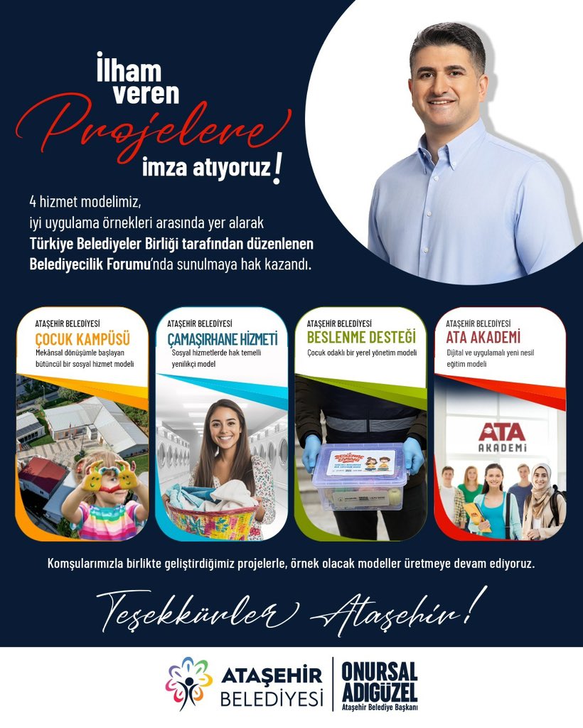 atasehirbld's tweet photo. İlham veren projelerle Ataşehir’de fark yaratmaya devam ediyoruz ✨

4 hizmet modelimiz, Türkiye Belediyeler Birliği tarafından düzenlenen Belediyecilik Forumu’nda iyi uygulama örnekleri arasında yer alarak sunulmaya hak kazandı.

Komşularımızla birlikte üretiyor, birlikte geliştiriyor ve geleceğe değer katıyoruz.

Teşekkürler Ataşehir 💙