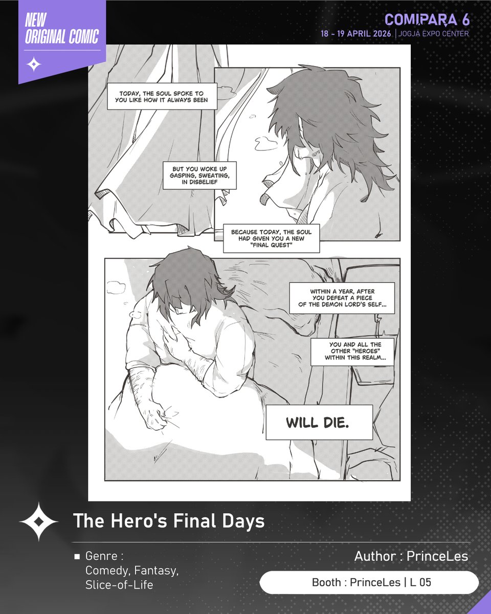 comipara_id's tweet photo. [COMIC RAID]
Author: PrinceLes
Booth: L 05  -  PrinceLes

Kali ini ada komik baru karya Kak PrinceLes, berjudul "The Hero's Final Days" yang akan dijual di Comipara 6 besok lho!

Sampai ketemu di venue! ✨

Comipara 6
18-19 April 2026
Jogja Expo Center

#comicraid6 https://t.co/hMp1FihBbO