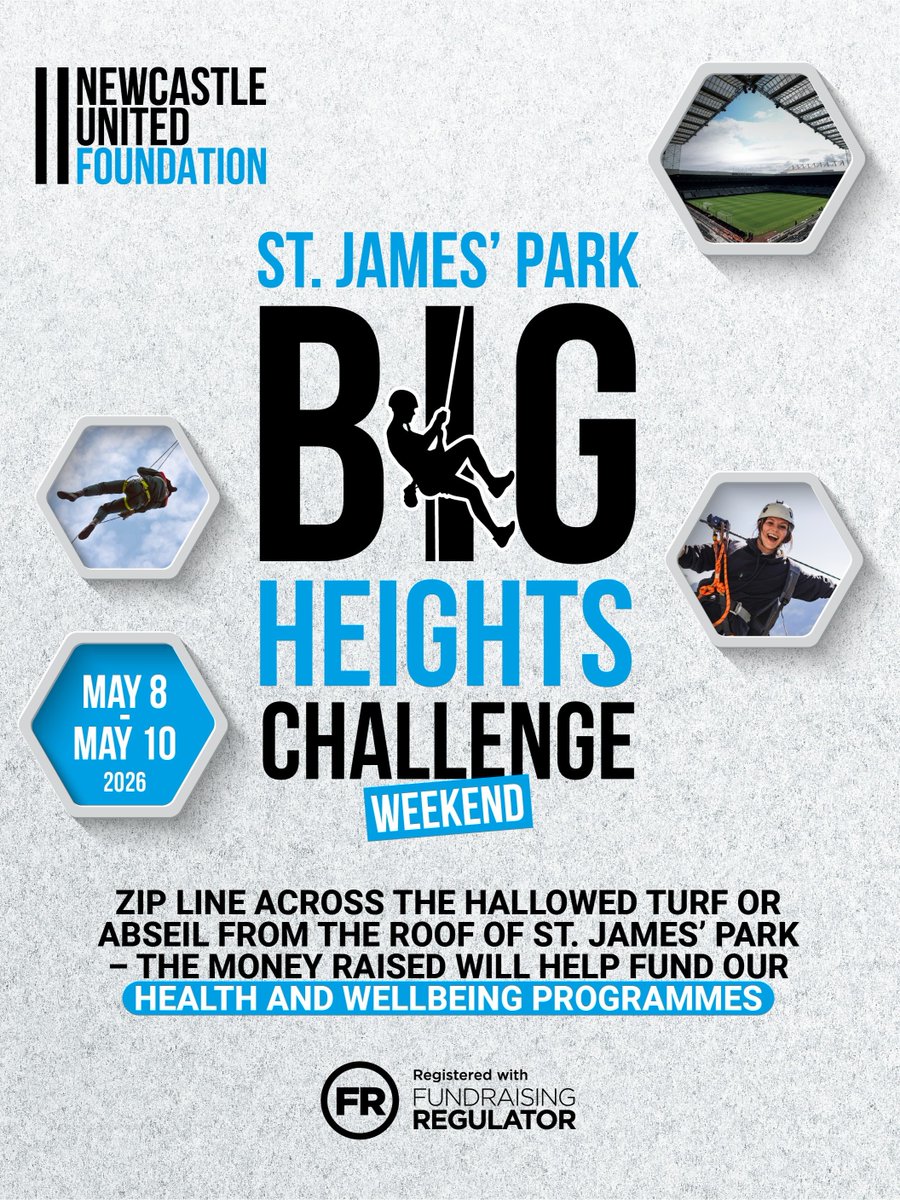 NU_Foundation's tweet photo. Take on the St. James' Park BIG Heights Challenge 🤩

Launch from the iconic Level 7 and soar over the pitch to the Gallowgate End or complete an exhilarating 150ft abseil from the Milburn Stand roof 👀 

📍Abseil
📅 Friday, May 8 | 9am – 5pm

📍 Zip Line
📅 Saturday, May 9 – Sunday, May 10 | 9am – 5pm

By taking on this challenge, you'll be helping to fundraise for our Dementia Walking Football sessions 🖤🤍 

Spaces limited, sign up now 👉 https://t.co/SBTkuLuQVS