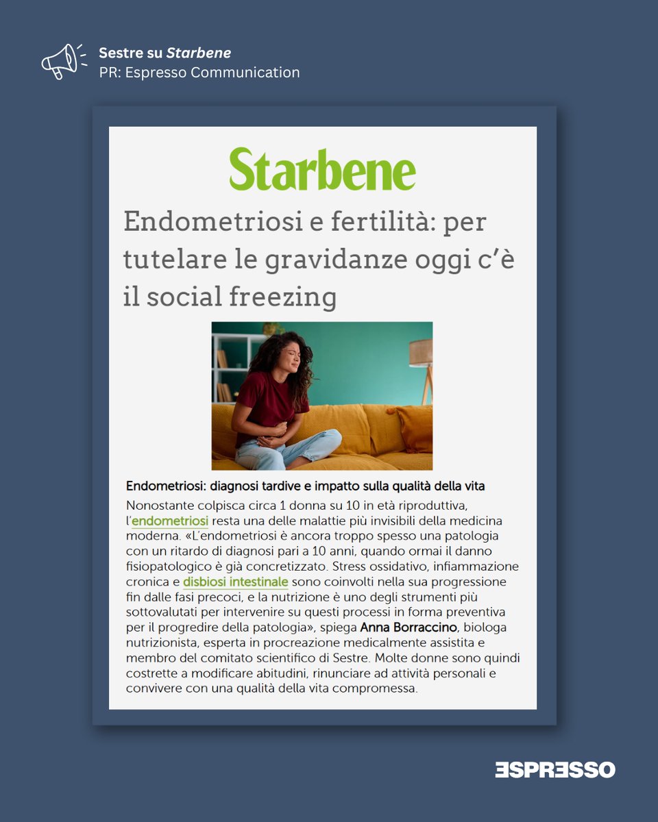 #Endometriosi e #fertilità, <a href="/Starbene/">Starbene</a> intervista le dottoresse Anna Borraccino e Anna Morucchio, membri del comitato scientifico di #Sestre: starbene.it/salute/endomet….
.
PR: <a href="/espressocommpr/">Espresso Communication</a> 
.
#pr #mediarelations