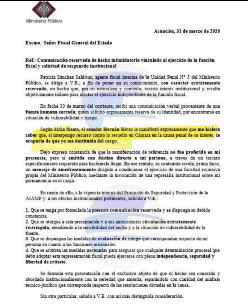 ¿ Quíen amenazó o intentó amedrentar a la fiscala de la causa Hernan Rivas? HERNAN RIVAS, obvio! <a href="/FilizzolaRafael/">Rafael Filizzola</a> exigió desde el minuto 1 la identificación seria  y formal del senador en cuestión y ayer <a href="/SenadoresPy/">SenadoPy</a> aprobó un pedido al respecto. El fiscal general <a href="/MinPublicoPy/">Fiscalía Paraguay</a>