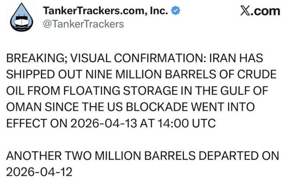 TankerTrackers: Iran has shipped out nine million barrels of crude oil from floating storage in the Gulf of Oman since the US blockade went into effect.