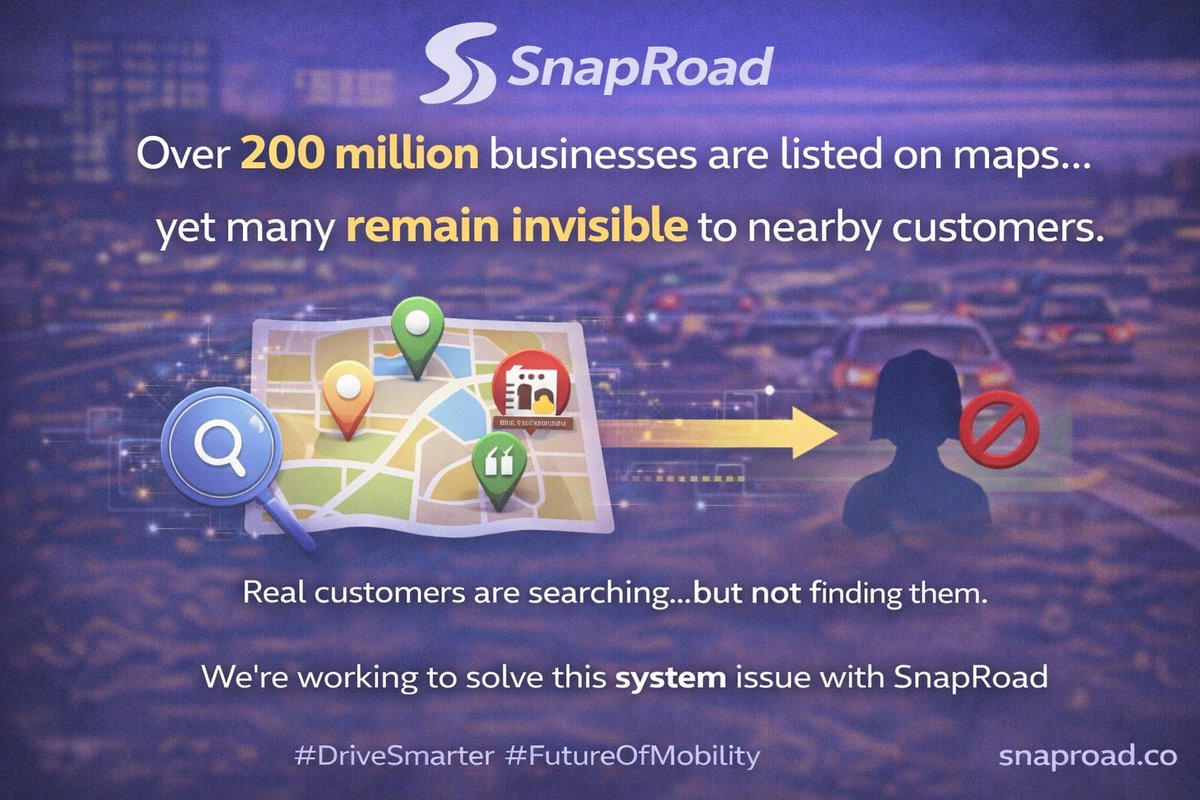 SnapRoads's tweet photo. Over 200 million businesses are listed on maps…

yet many remain invisible to nearby customers.

On the surface, it looks like everything is working.

You search.
You see options.
You choose a place.

But behind that experience, there’s a gap.

Because being listed isn’t the same as being discovered.

And discovery isn’t just about showing up…

it’s about showing up at the right time,
in the right context,
with the right level of trust.

For drivers, it can feel like limited choice.

For businesses, it’s a bigger problem.

Real customers are searching…
but not finding them.

And when that happens consistently,
it stops being a visibility issue.

It becomes a system issue.

That’s what we’ve been focused on with SnapRoad.

Not just putting businesses on the map…

but helping them connect with the right people, at the right moment.

#DriveSmarter #FutureOfMobility