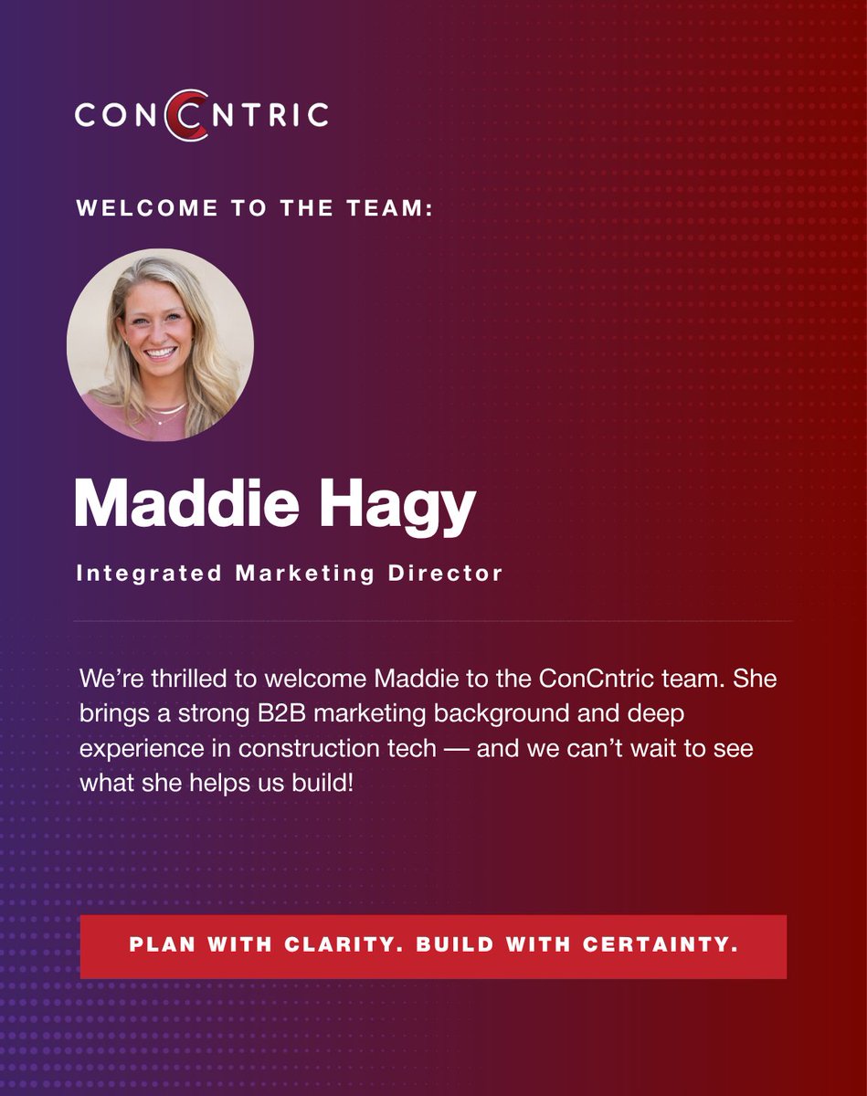 concntric's tweet image. Please join us in welcoming Maddie Hagy to ConCntric as our Integrated Marketing Director.

Maddie brings a strong B2B marketing background and deep experience in construction tech. 

Welcome to the team, Maddie!

#teamupdate #constructiontech #contech #builtbybuilders