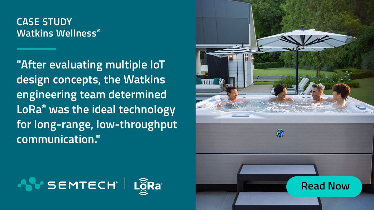 SemtechCorp's tweet image. Wi-Fi couldn't keep up in outdoor environments. So Watkins Wellness turned to #LoRa.
The result? A Connected Spa Kit with reliable connectivity up to 150 feet—letting customers control their hot tubs from anywhere.
Read the #case study: hubs.la/Q04cbvsG0
#Semtech #LoRaWAN