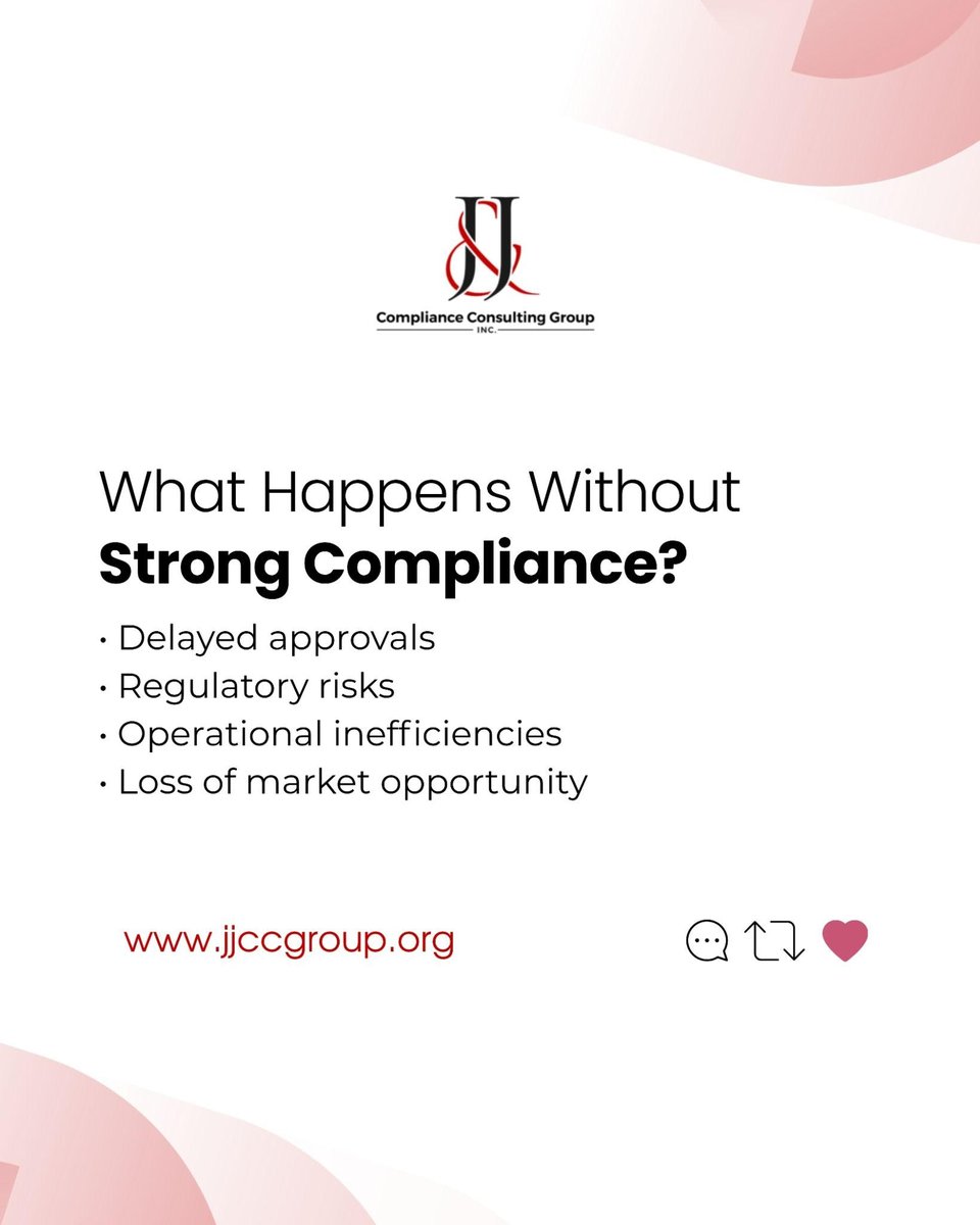 jjccgroup11's tweet image. Regulatory compliance is not just about meeting requirements. It is about building systems that support growth, reduce risk, and keep your business market-ready.

📧 Info@jjccgroup.org
📞 (800) 999-7781
🌐 jjccgroup.org
.
#RegulatoryCompliance #QualitySystems
