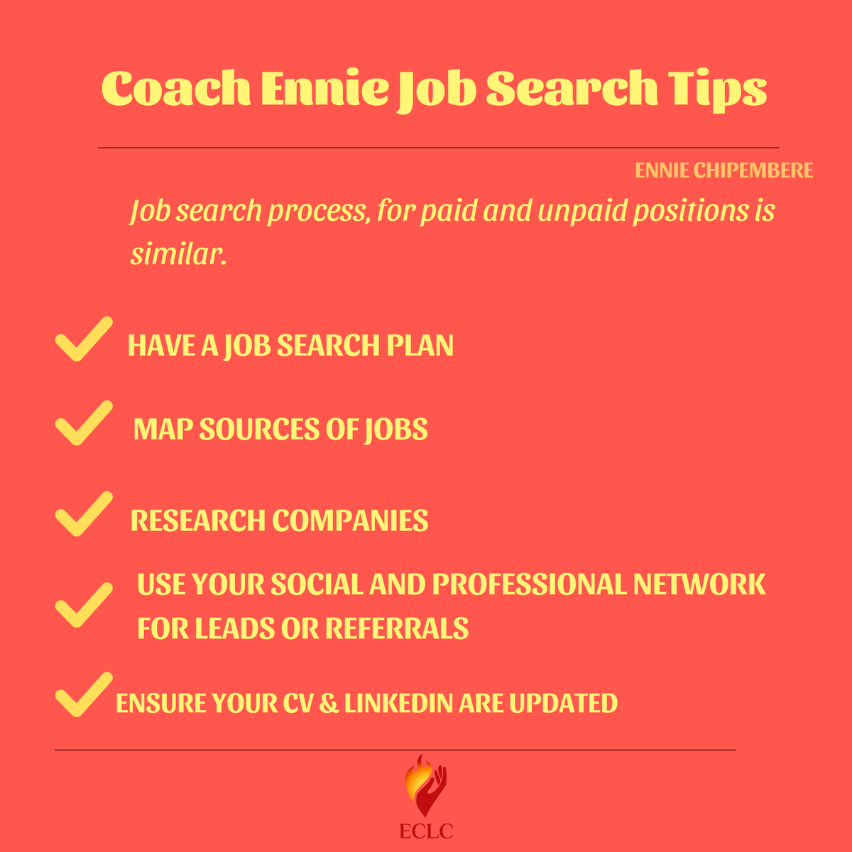 EnnieChipembere's tweet image. #CareerCoach Tips for #jobsearch

Use them for paid and unpaid positions:

- have a Job Search Plan
- map &amp;amp; track job sources
- research companies
- use your social and professional network for leads or referrals
- ensure your CV and LinkedIn are updated

#CoachEnnie #JobAdviceSA
