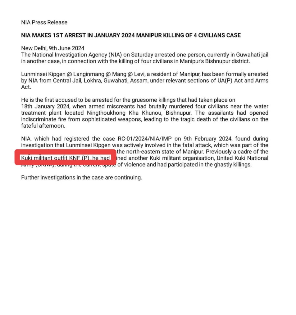 meiteiheritage's tweet photo. Mockery of Suspension of Operations ( SoO).

Armed Chin Kuki Militants under SoO openly extorts  Rs 3000 from each goods truck in Kangpokpi (Pic 1). Issues receipt because they know even with such conclusive evidence, they will be protected by their masters.
https://t.co/ROkeHf8qcQ

See other cases of  arrest by NIA and Manipur Police for attacking and killing civilians and security forces, and open violation of ground rules (Pics 2-4)

Instead of penalising killing our security forces and civilians, they are incecentivized. 

Unless @AmitShah @HMOIndia @YKhemchandSingh fix the root  cause of the Manipur crisis, peace will never return in Manipur.