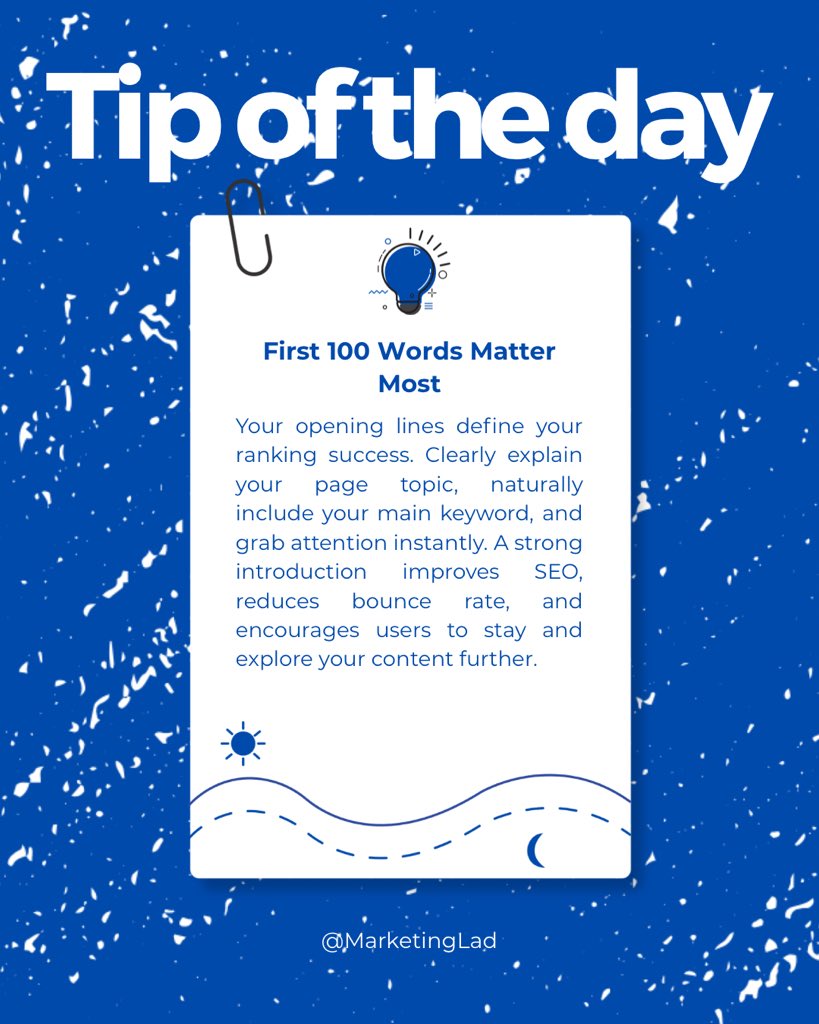 marketing_lad's tweet image. Your first 100 words aren’t just an intro—they decide whether readers stay or leave. Make them clear, engaging, and keyword-smart to boost rankings and retention. ✨📈
.
.
.
.
#SEOTips #ContentStrategy