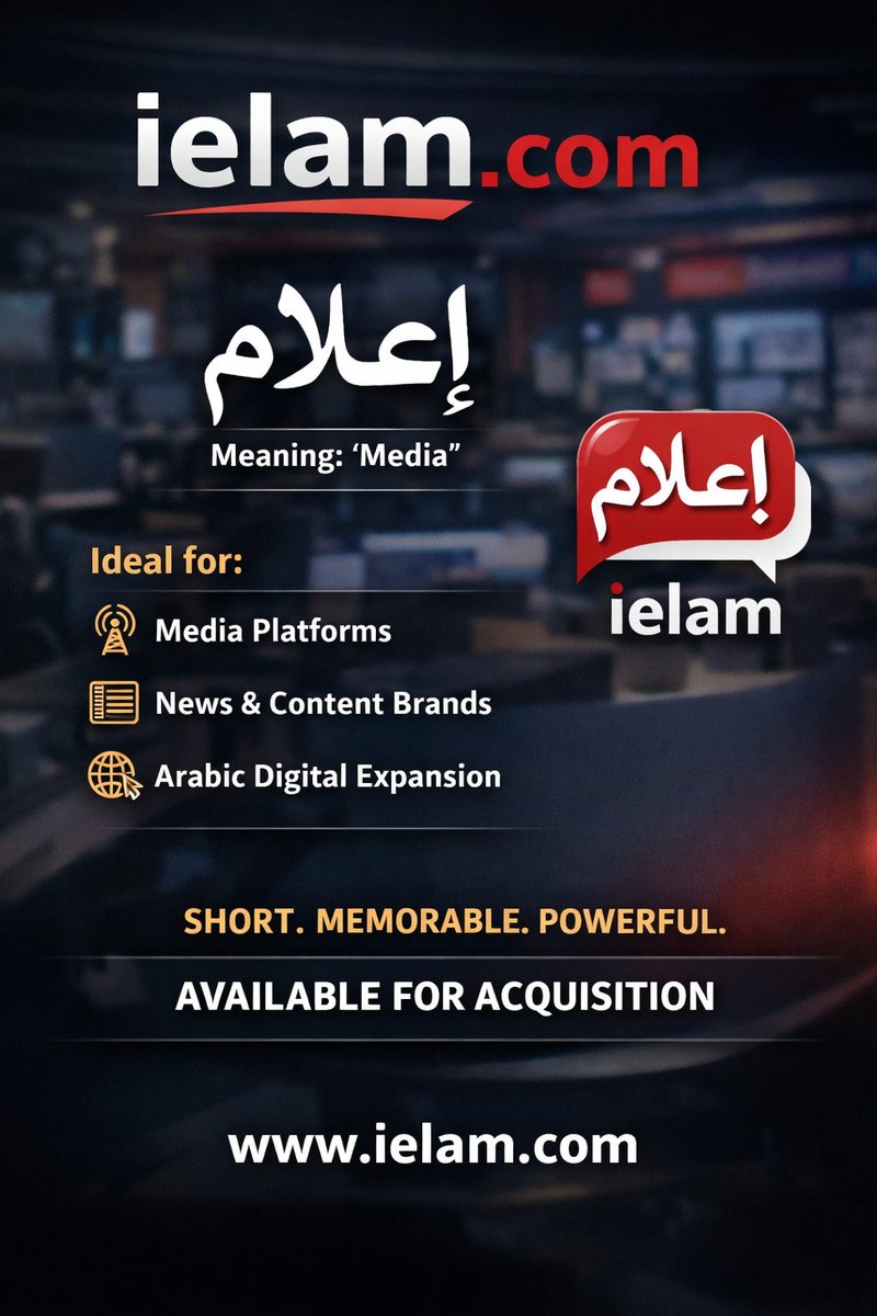 eskanderious's tweet photo. https://t.co/cD1CXXmLhD is now available for acquisition.

“Ielam” closely reflects the Arabic word “إعلام” (Media).

A strong, brandable name ideal for:
• Media platforms
• News &amp; content brands
• Arabic digital expansion
Short. Memorable. Meaningful.
Open to serious offers. https://t.co/z148JxV8ym