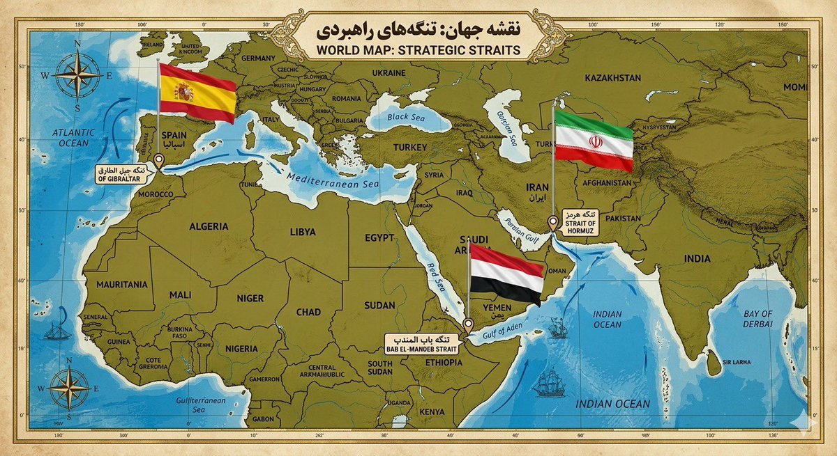 Partisangirl's tweet photo. Three water ways, all controlled by anti-Israel countries.

Straits of Hormuz -Iran 
Bab el-Mandeb - Yemen 
Gibraltar - Spain https://t.co/iilqKljw7J