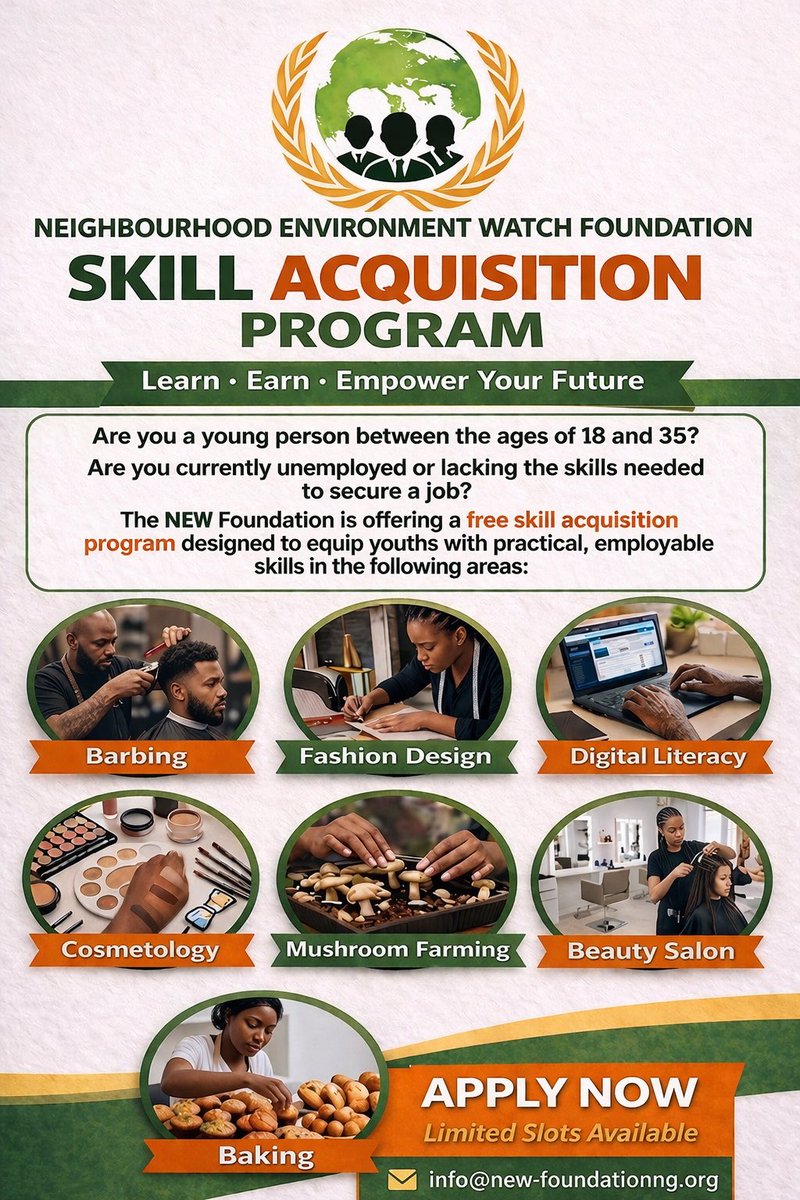 newfoundationng's tweet photo. 🚀 18–35 and unemployed or lacking skills?

NEW Foundation is offering a FREE Skill Acquisition Program to help you learn, earn, and grow.

⚠️ Limited slots!

📩 info@new-foundationng.org

#SkillUp #YouthEmpowerment #FreeTraining #Nigeria https://t.co/GAefT7E6Hu