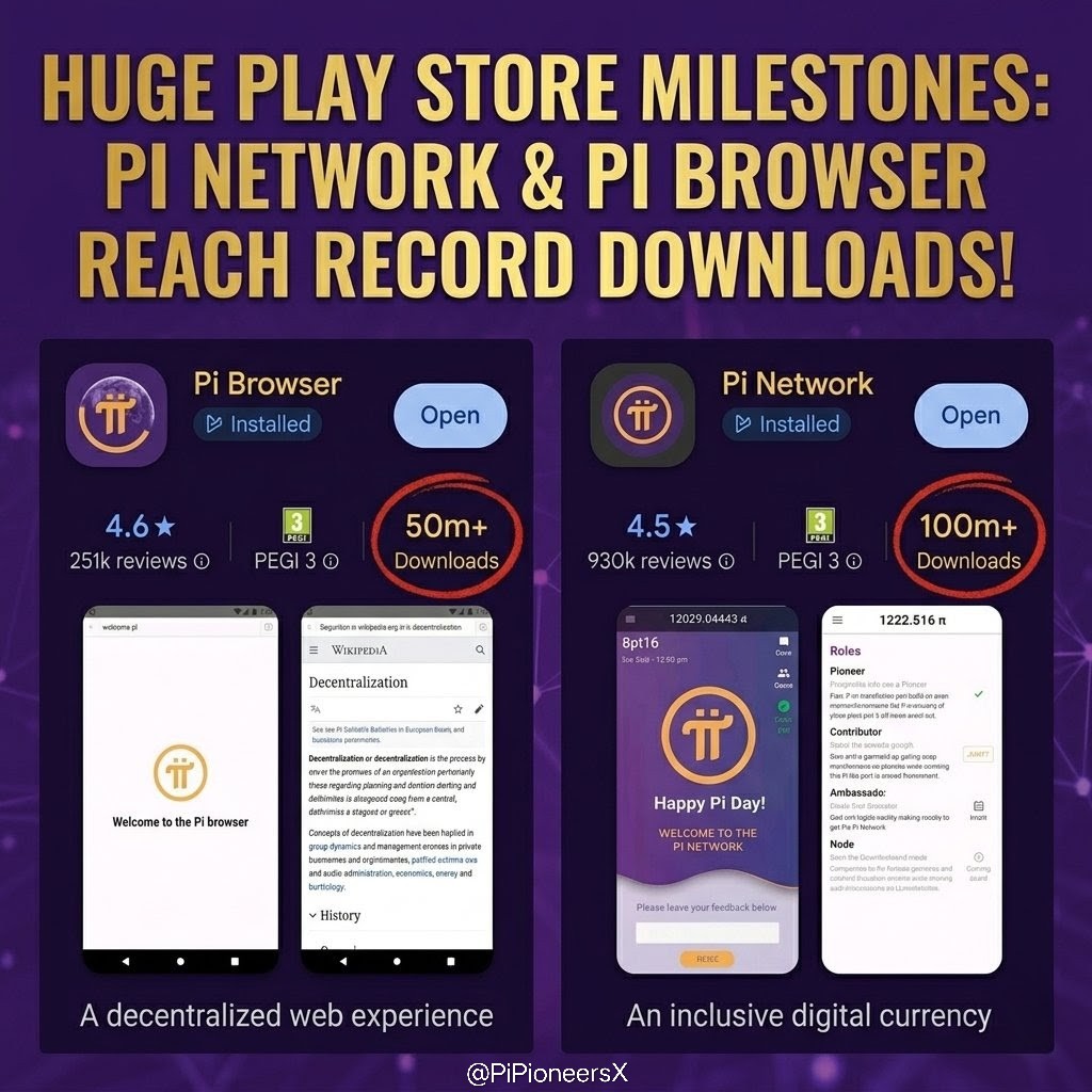 🚀 HUGE PLAY STORE MILESTONES!

Pi Network &amp; Pi Browser just smashed record downloads on Google Play 📊

🌐 Pi Network — 100M+ Downloads
• 4.5⭐ | 930K reviews
📱 Pi Browser — 50M+ Downloads
• 4.6⭐ | 251K reviews

This is what years of mining, inviting &amp; believing looks like.