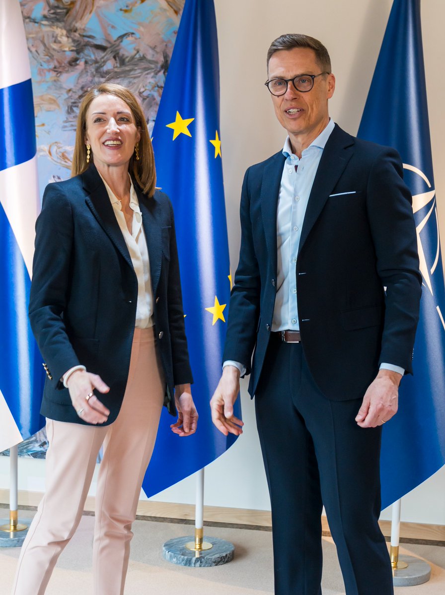 EP_President's tweet image. Kiitos President @alexstubb for the warm welcome to beautiful Helsinki.

Grateful for our talks this afternoon, and for your strong leadership and friendship as we navigate our shared challenges together.

Finland's ability to lead the conversation and represent the best of