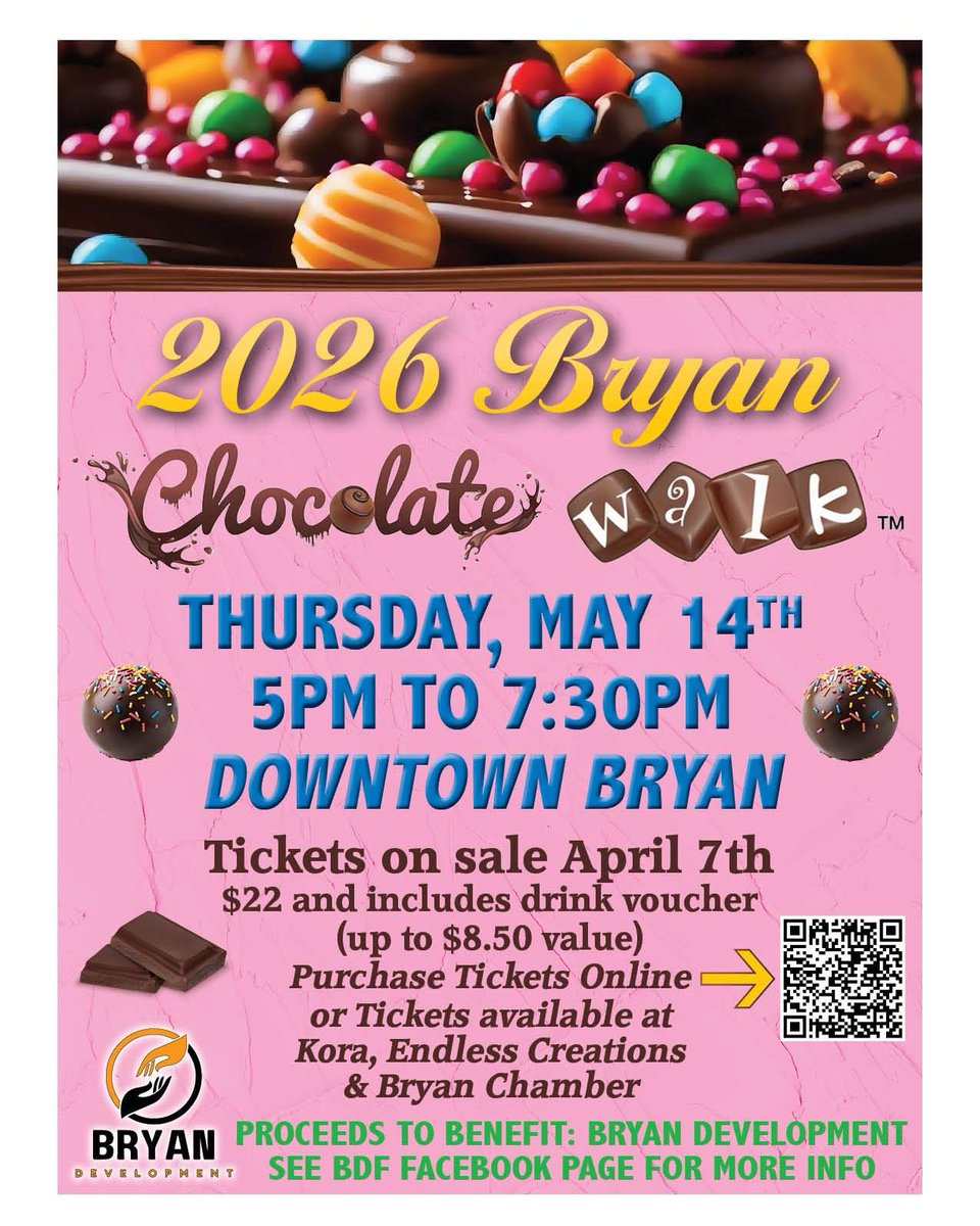 VisitBryanOhio's tweet photo. Tickets are now on sale for this sweet event! Get yours &amp; spend an evening strolling through downtown collecting delicious chocolate treats. Head to our website for the ticket link or grab yours in person a Kora Brew House &amp; Wine Bar, Endless Creations or the Bryan Chamber. https://t.co/gMZZRgu7bm