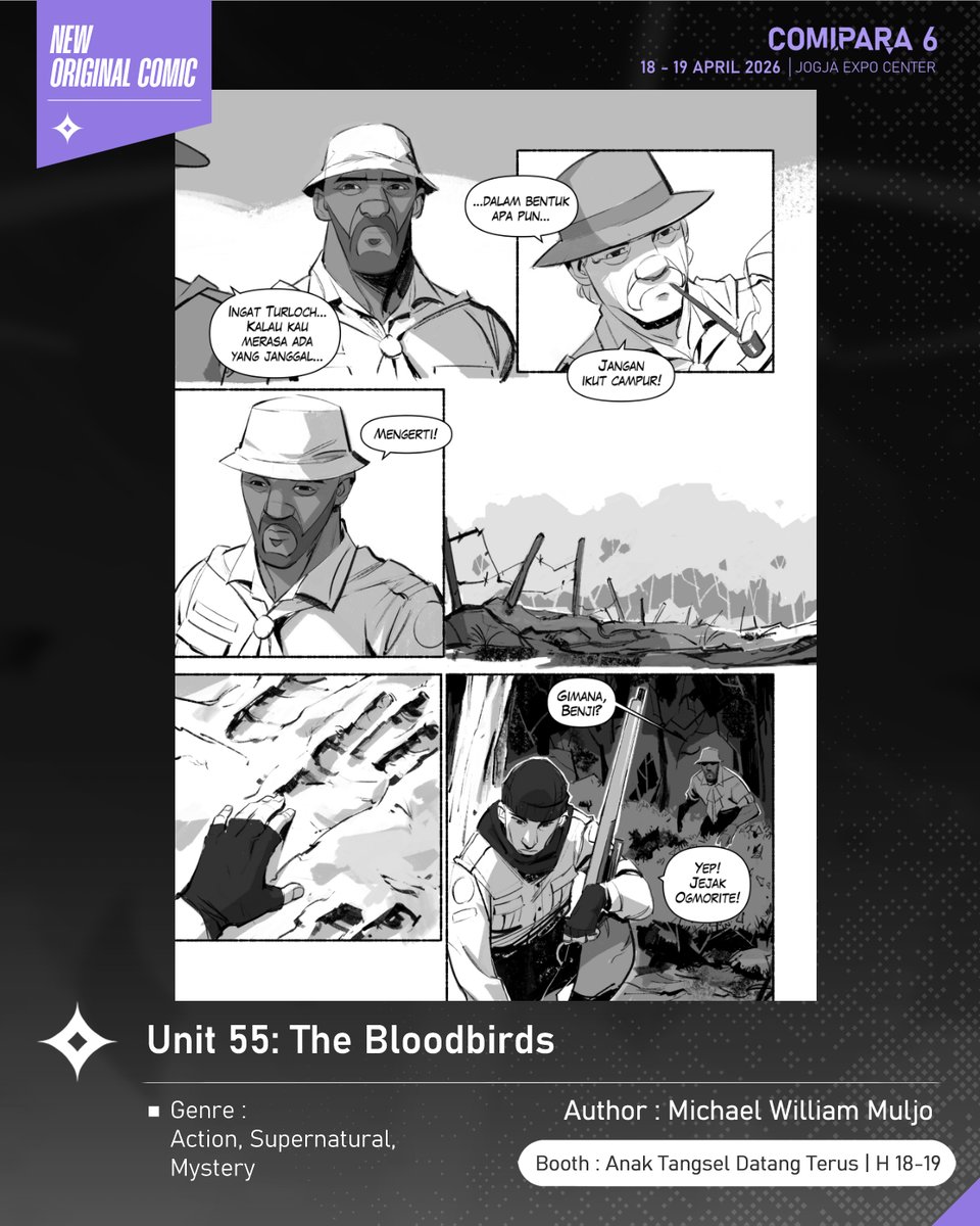 comipara_id's tweet photo. [COMIC RAID]
Author: Michael William Muljo
Booth: H 18-19  -  Anak Tangsel Datang Terus

Kali ini ada komik baru karya Kak Michael William Muljo, berjudul "Unit 55: The Bloodbirds" yang akan dijual di Comipara 6 besok!

Comipara 6
18-19 April 2026
Jogja Expo Center

#comicraid6 https://t.co/NACROfaJ9R