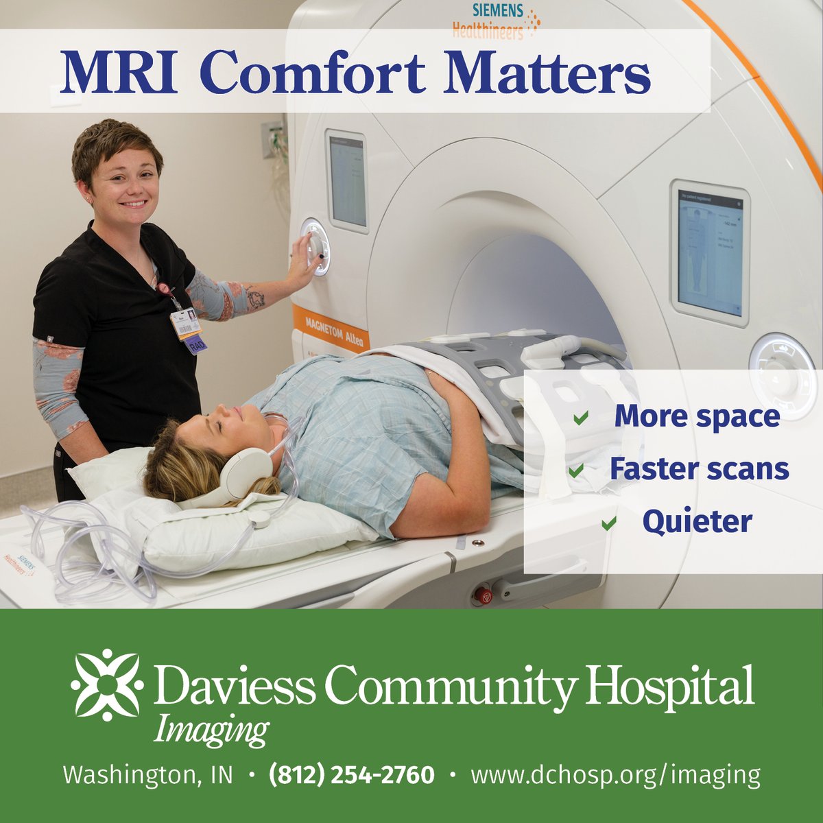 daviesscohosp's tweet image. Comfort matters. 💚
At Daviess Community Hospital, our MRI technology offers more space, faster scans, and a quieter experience—because peace of mind is part of every image.
📞 (812) 254-9324 | 🌐 dchosp.org/our-services/i…

#MRI #DCHCares #DCH #PatientCare #HealthcareCloserToHome