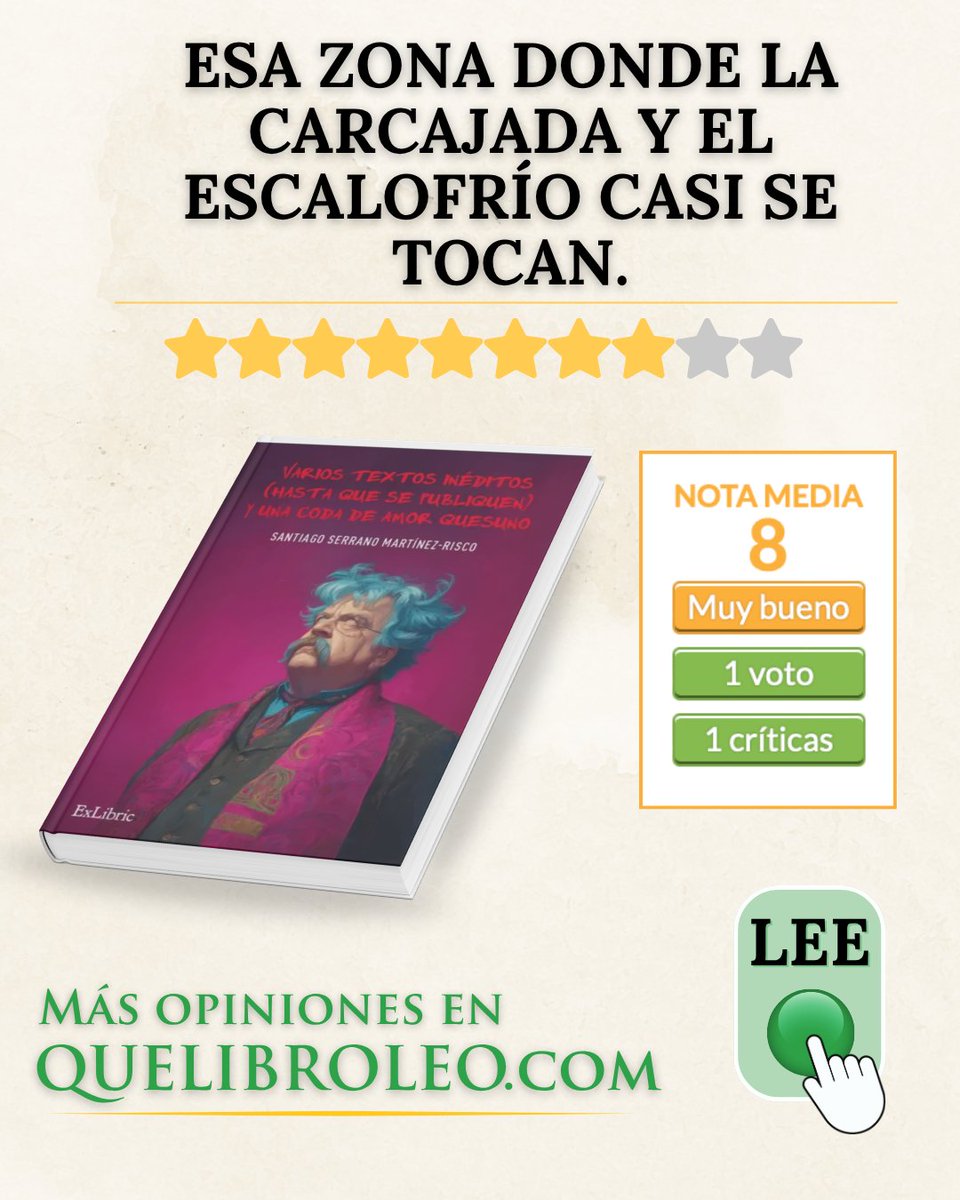 quelibroleo's tweet image. #opiniónQLL
VARIOS TEXTOS INÉDITOS (HASTA QUE SE PUBLIQUEN) Y UNA CODA DE AMOR QUESUNO de @ExLibric
quelibroleo.com/varios-textos-…

Irónico, reflexivo, a ratos oscuro, brillante y sorprendentemente preciso en lo que hace sentir…

#libros #recomendadoQLL #LibrosRecomendados