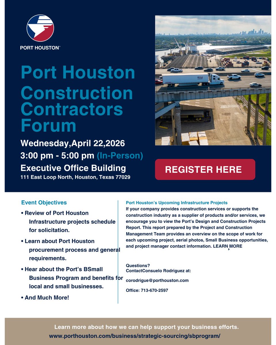 AsianChamberHou's tweet photo. 🚧 ACC Members: Don’t miss the Port Houston Construction Contractors Forum—get insights on upcoming projects, procurement, &amp; small biz opportunities.
📅 April 22 | 3–5 PM 📍 Port Houston
Connect, learn, and position your business for what’s next. #asianchamberhou #porthouston https://t.co/7q2xwrdmrm