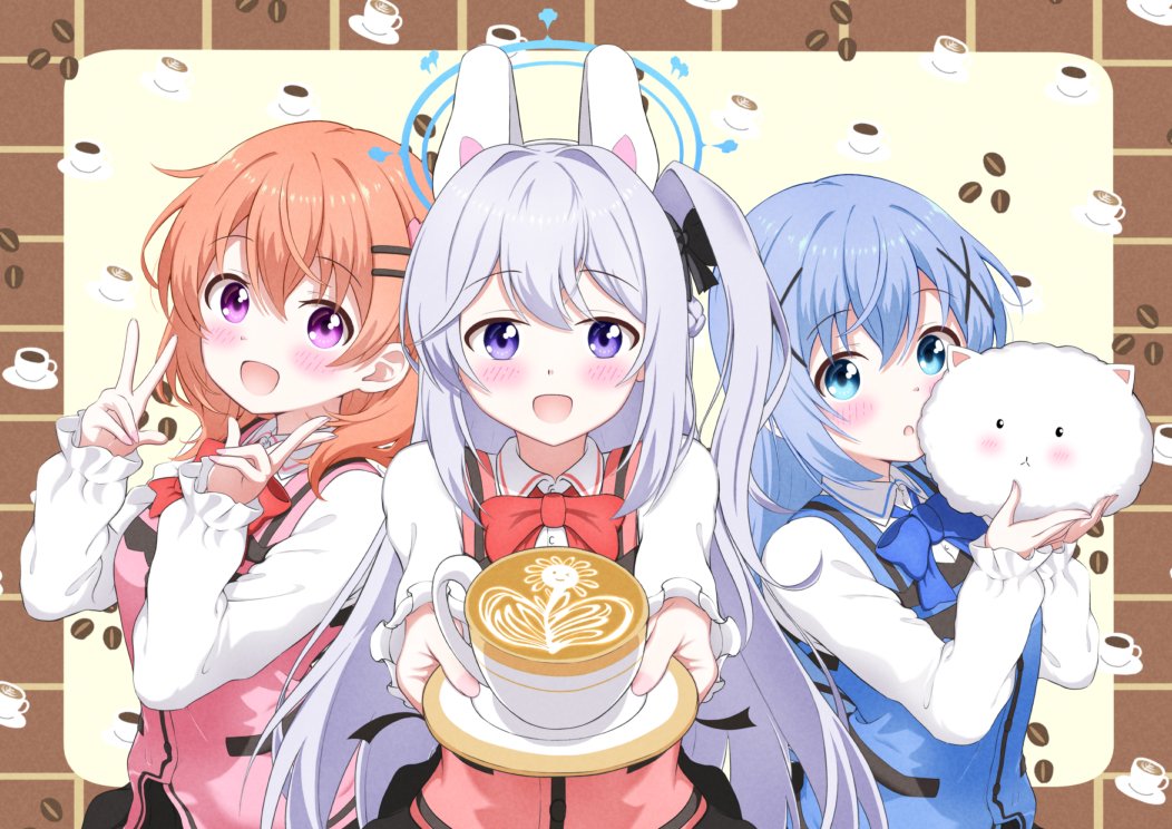 新しくココアちゃん×ミヤコちゃんをリメイクしました
チノちゃんも加えて、ね

個人的に、尊さ・可愛さ満開のきらら×ブルアカコラボだと思います☕

#gochiusa 
#BlueArchive 
#ブルアカ