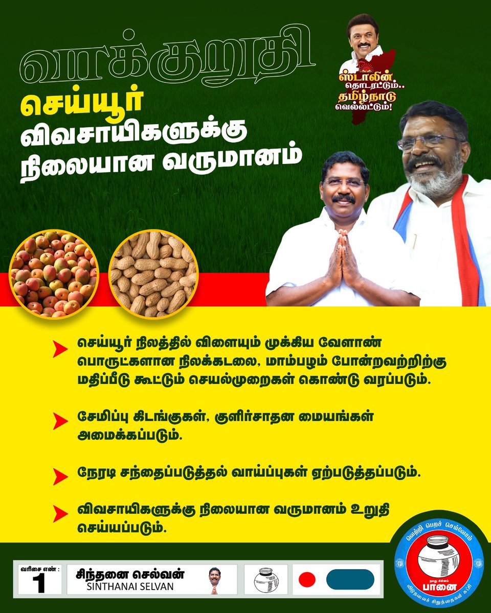 sinthanaivck's tweet photo. செய்யூர் மக்களுக்கு எனது வாக்குறுதிகள்!!
நம் தொகுதியை ஸ்டார் தொகுதியாக மாற்றுவேன்! 

செய்யூர் செழிக்க... 🍃 
வாக்களிப்போம் பானைக்கு  🗳️

📆 தேர்தல் நாள் : 23-04-2026
🏺நமது சின்னம் "பானை"

#செய்யூரில்_சிந்தனை_செல்வன்
#sinthanai4cheyyur
#வெல்லும்பானை 
#cheyuur
#election2026
#VCK https://t.co/eby48LTAKj