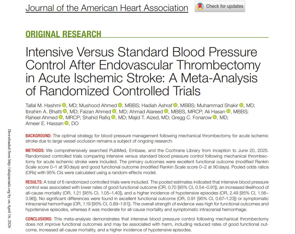 MushoodCh's tweet photo. Our new meta-analysis in @JAHA_AHA @AHAScience!

Intensive BP control after MT in AIS leads to:

⬆️Mortality
⬇️mRS 0-2
⬆️hypotensive events

📊 Read: https://t.co/chpoPmQtaL

#Stroke #Cardiology #Neurology #CardioTwitter https://t.co/IHPhqR2tMe
