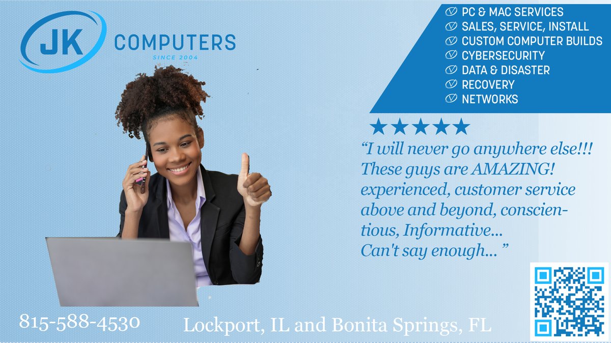 _JKComputers's tweet photo. “I was skeptical… now I’m so glad I went to JK Computers!” ⭐
We don’t just fix it—we make it better 💻
Repairs
Upgrades
Optimization
Lockport, IL
815-588-4530
#LockportIL #ComputerRepair #ITSupport #CyberSecurity #LocalBusiness #TechSupport #PCRepair #ManagedIT #5StarService https://t.co/lYLvwJz1PE