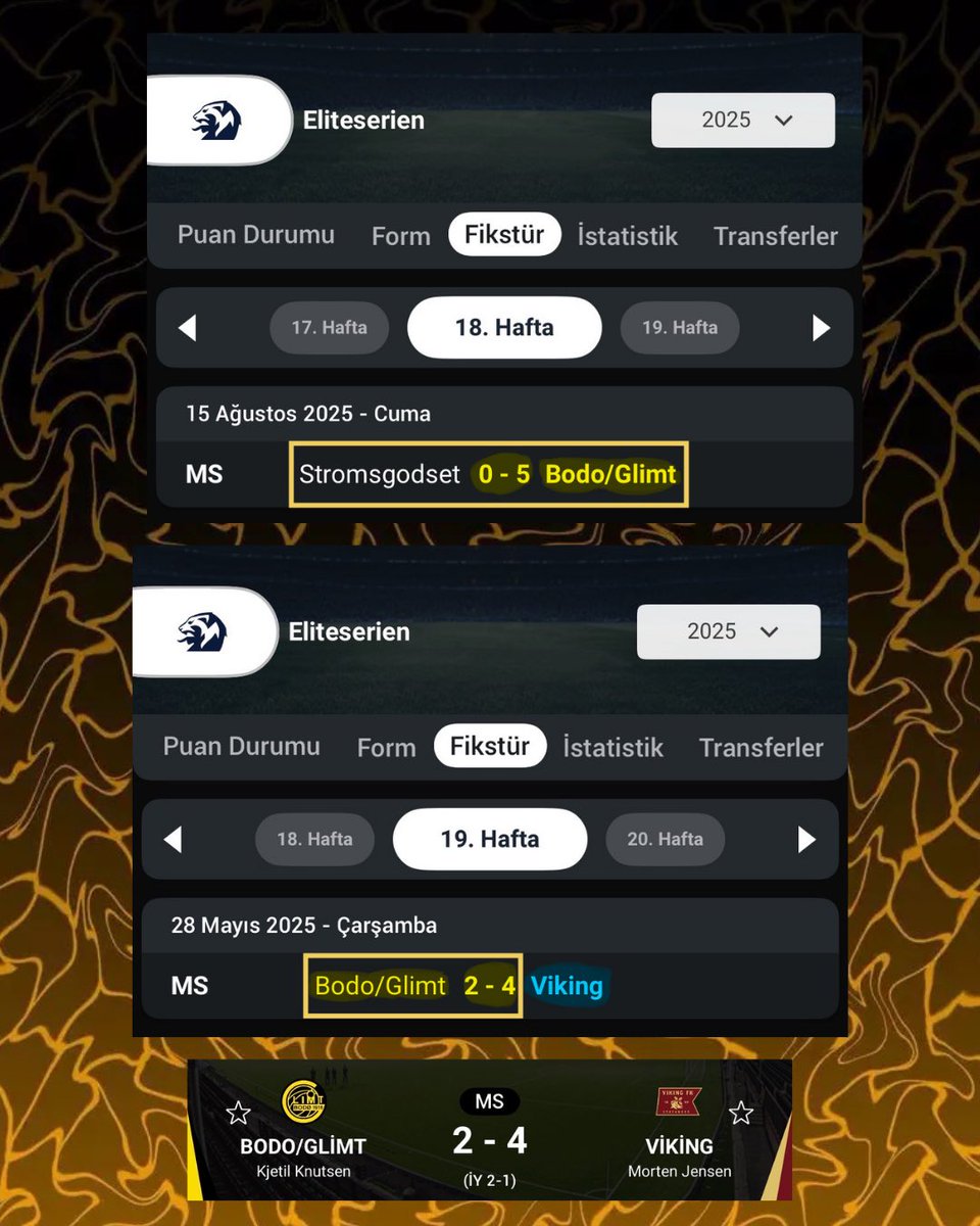 matrixiddaa's tweet image. 🇳🇴 ALMA &amp;amp; VERME

Geçen sezon Bodo Glimt takımı o sezon küme düşen Stromsgodset’i 0-5 yeniyor, bir sonraki hafta Viking takımı ile 1/2 - 6 gol çıkartıyor.

Bu sezon ise Viking takımına 5-0 kaybetti ve bir hafta sonrasında lige yeni yükselen Aalesund takımı ile oynayacak.

⭐️ 2/1 &amp;amp;