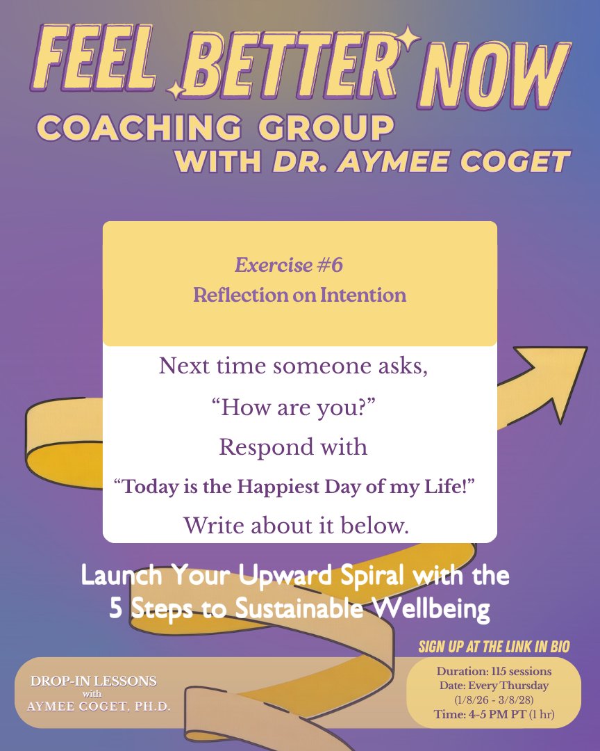 “Today is the happiest day of my life.” ✨
We practice this intention inspired by Robert Muller in my Feel Better Now Coaching Group.
Simple, science-backed tools to feel better.
Join us Thursdays 4PM PT 💖

#feelbetternow #happinesscoach #positivepsychology #mindsetshift