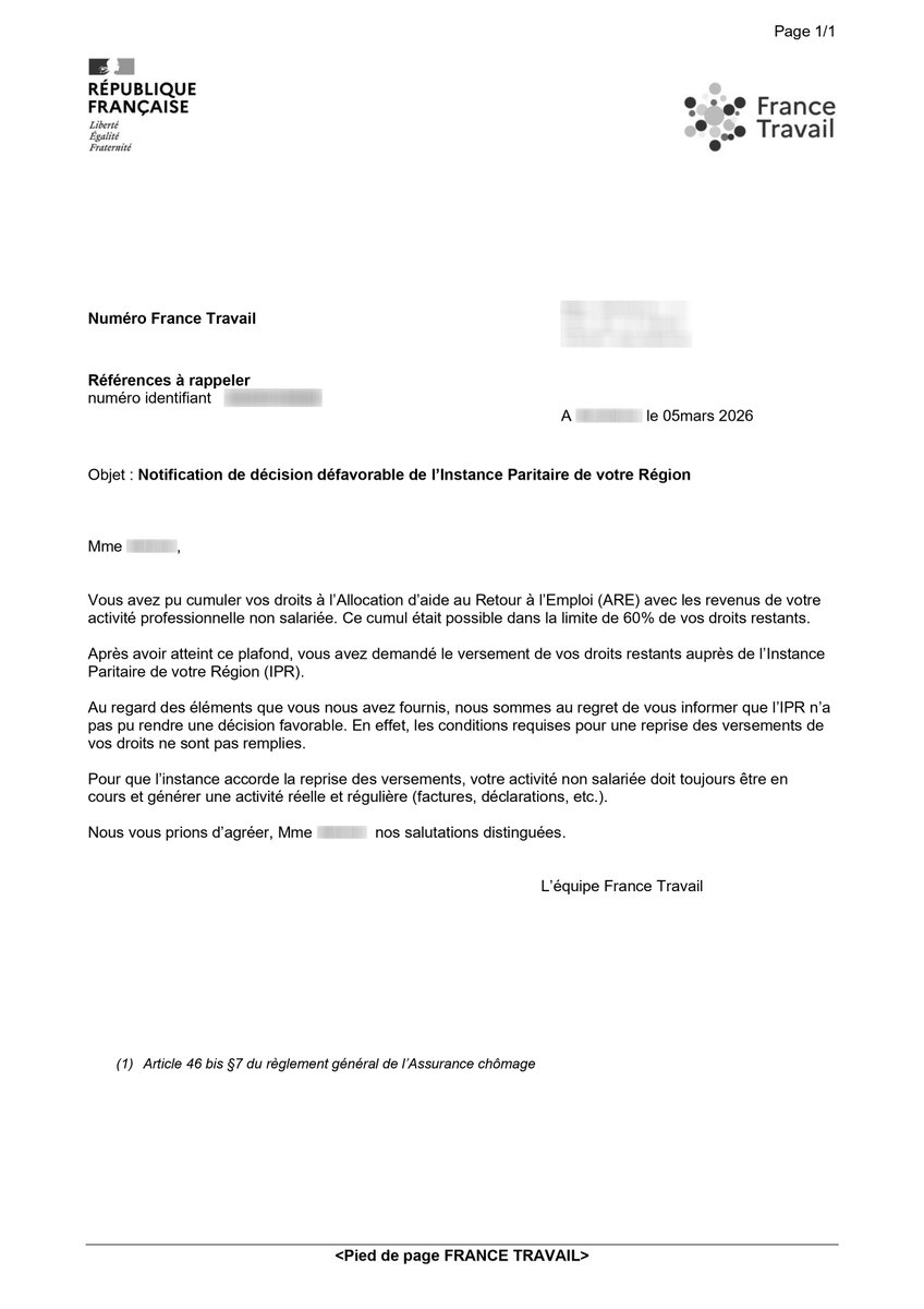 yanngaudin's tweet photo. Ubuesque !

Pour les nouveaux allocataires de France Travail, depuis le 1er avril 2025, s'ils créent une entreprise ils ne peuvent plus toucher que 60% des jours d'allocations chômage de leur reliquat de droits.

Pour toucher les 40% qui restent, ils peuvent saisir un organe tiers appelé Instance Paritaire Régionale.

La réglementation prévoit, pour cette poursuite d'indemnisation, deux conditions : que l'allocataire prouve que son activité d'entreprise est bien réelle mais qu'elle ne lui procure pas de revenu.

Déjà cette condition d'absence de revenu est très discutable : si l'allocataire fait 100 € de chiffre d'affaires par mois il est censé vivre avec ça ? 🤔

Ci-dessous les courriers reçus par une allocataire qui a fourni de nombreux documents pour prouver à la fois que son activité est bien réelle mais également qu'elle ne lui procurait pas encore de revenu une fois la limite de 60% atteinte.

Or l'Instance Paritaire Régionale a refusé la poursuite d'indemnisation au motif... que l'activité n'a pas généré de revenus réguliers. 🙃

Si vous êtes nouvellement allocataire de France Travail et que vous envisagez une création d'entreprise, ne comptez pas trop sur la poursuite de votre indemnisation une fois la limite de 60% atteinte, et pensez au portage salarial qui n'est pas concerné par cette limite.