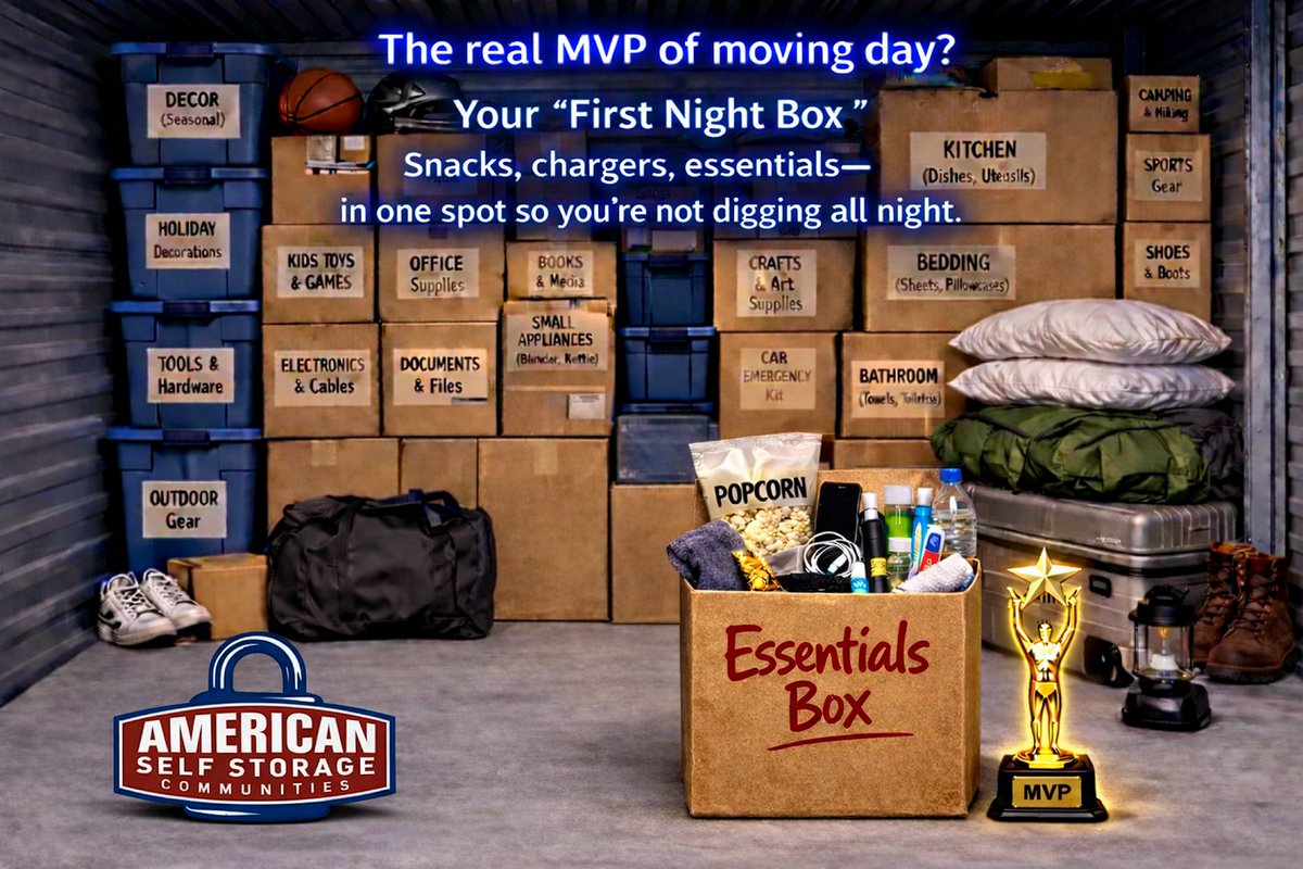WanamakerSS's tweet photo. The real MVP of moving day? 🏆
📦Your “First Night Box.”
Snacks, chargers, essentials—
all in one spot so you’re not digging all night. 🎯✌️
#SelfStorageProTip #BePrepared #StorageSimplified https://t.co/HT2qekvZ4T