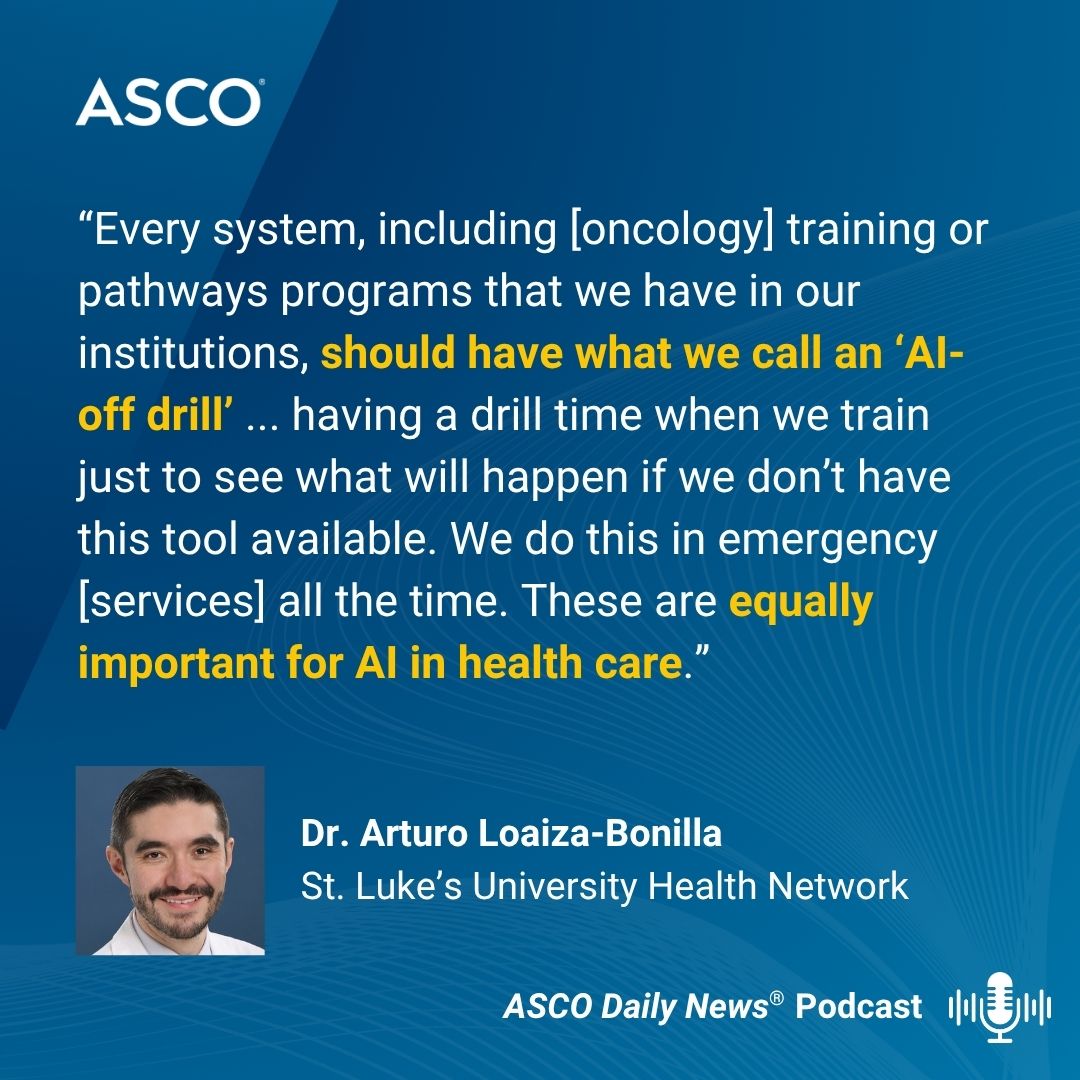 ASCO's tweet image. 🎙 @montypal of @cityofhope and @DrArturoAI of @mystlukes discuss the risks of implementing #AI in clinical practice &amp;amp; approaches to help oncologists maintain their decision-making agility on the latest episode of the #ASCODailyNews Podcast: bit.ly/4dQrp43