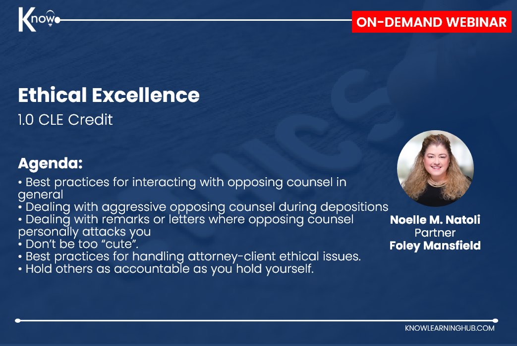 KnowGroupCLECPE's tweet image. Now Available On-Demand

Gain actionable strategies to uphold professional standards and make sound ethical decisions in real-world practice—featuring insights from Noelle M. Natoli of Foley Mansfield .

Get the recording here: zurl.co/kRaYW

#Ethics #CLE #webinar