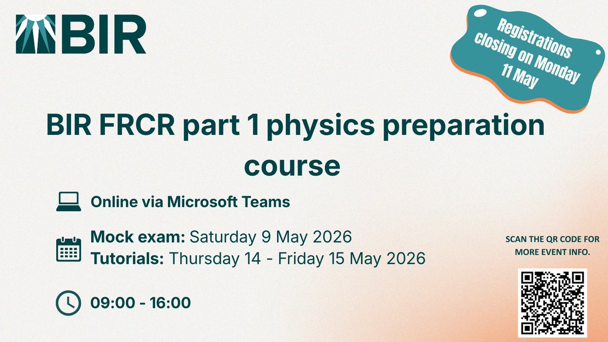 BIR_News's tweet image. Don’t go into the FRCR Physics exam unprepared. Join BIR’s virtual course for structured revision, expert guidance, and a full mock exam experience.  Ideal for radiology trainees across the UK.

Book your place today: bit.ly/FRCRmay26 

#FRCR #Trainees