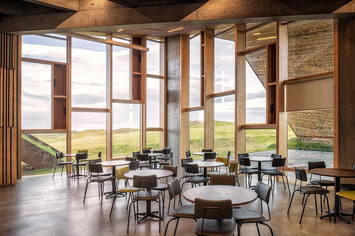Archello's tweet image. The Vatnajökull National Park Visitor Centre by ARKÍS architects uses precast concrete, local timber, corten steel, and a turf roof to extend the landscape across the building. 
archello.com/project/vatnaj… 

#LandscapeArchitecture #NaturalMaterials #SustainableConstruction