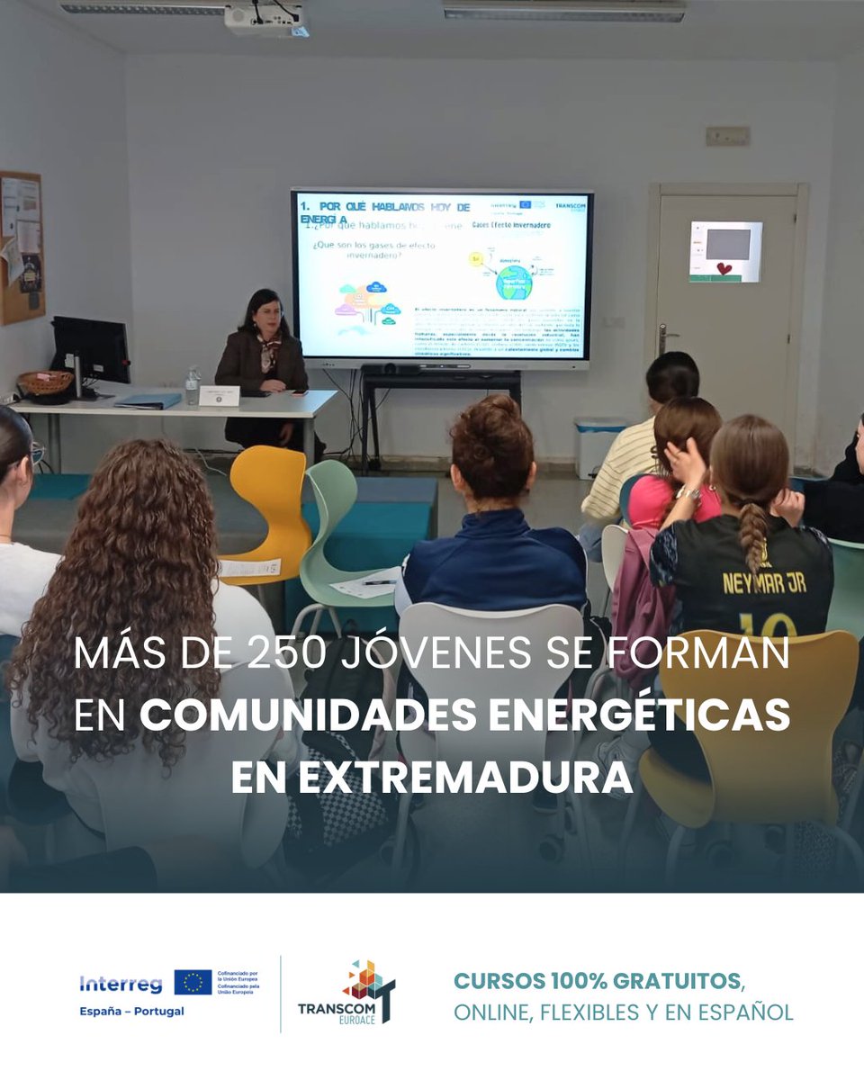 TranscomEuroace's tweet photo. 🎓⚡ Más de 250 jóvenes se forman en comunidades energéticas en Extremadura

🌱 Energía y educación de la mano
💡 Juventud protagonista del cambio
🤝 Futuro más sostenible desde las aulas

👉 Fórmate gratis: https://t.co/4HG3YvhZXc https://t.co/0iqzmV0c8c