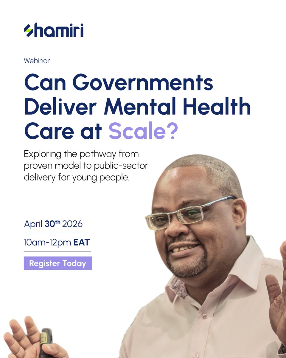 WeareShamiri's tweet image. April webinar alert📢

In this webinar, we'll explore government as a delivery vehicle for mental health care at scale, with industry experts!

- Date: Thu, 30th April 2026
- Time: 10 AM
- Sign up here: lnkd.in/dyJw2Uji

#shamiri #youthmentalhealth #webinar #kenya