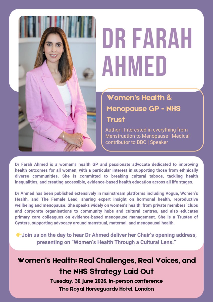 Govconnect's tweet photo. 🎙️We are thrilled to announce that Dr Farah Ahmed will be opening our Women's Health Conference with her Chair's address — 'Women's Health Through a Cultural Lens.'
📅 Book your seat: https://t.co/dneR7jTzt6
@NHSEngland https://t.co/p3GzfMksHG