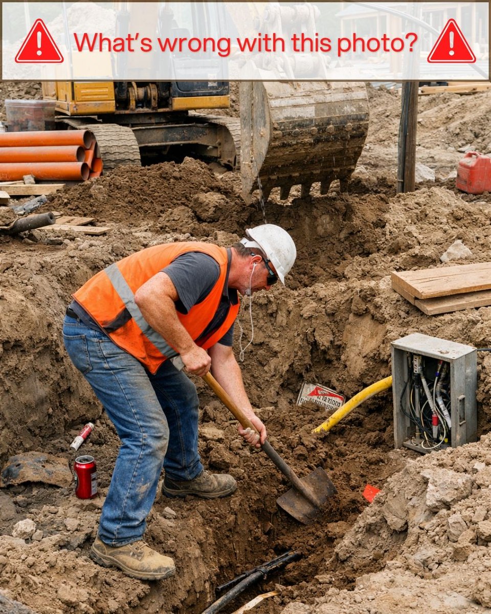 AmeriTechContr's tweet image. 🚧 What’s wrong with this picture?

Take a close look 👀 There are several unsafe digging practices happening here. Can you spot them all?

Drop your answers in the comments 💬

#SafeDiggingMonth #Call811