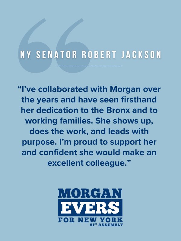 morganevers4ny's tweet photo. Honored to be endorsed by my mentors and our progressive champions in the Senate @NYSenatorRivera and @RJackson_NYC 🙏 https://t.co/Fnmueagi6g