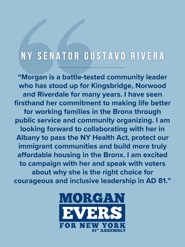 morganevers4ny's tweet photo. Honored to be endorsed by my mentors and our progressive champions in the Senate @NYSenatorRivera and @RJackson_NYC 🙏 https://t.co/Fnmueagi6g