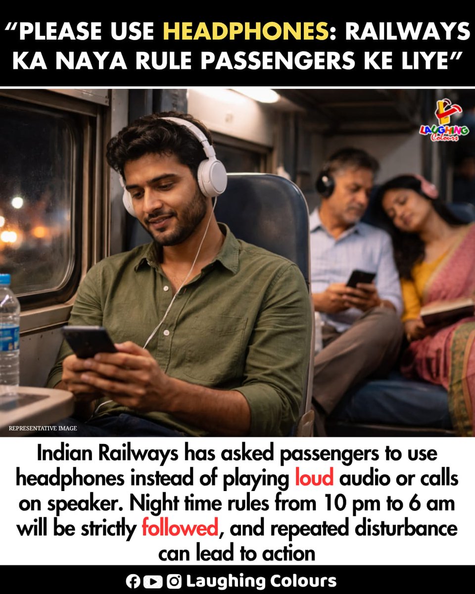 LaughingColours's tweet image. Railways says use headphones 🎧

#IndianRailways #TravelRules #PublicEtiquette #Awareness