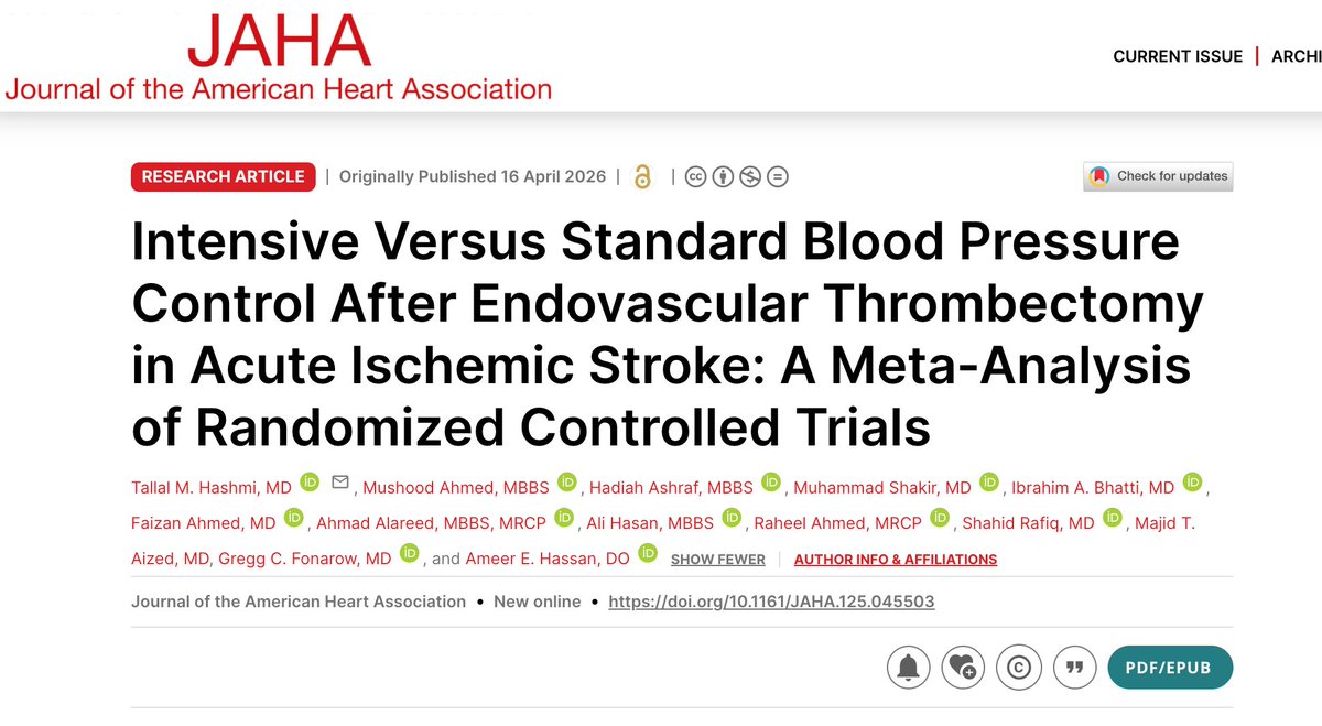 hashmit338's tweet photo. I am pleased to share our recent publication in the Journal of the American Heart Association (JAHA). 

Our findings further support the 2026 American Heart Association/American Stroke Association guidelines, demonstrating that intensive blood pressure reduction following endovascular thrombectomy is associated with less favorable clinical outcomes.

I am sincerely grateful to all collaborators and colleagues whose contributions made this work possible.

@AmeerEHassan @gcfmd @MushoodCh @ShakirMbbs @RaheelA29288418
