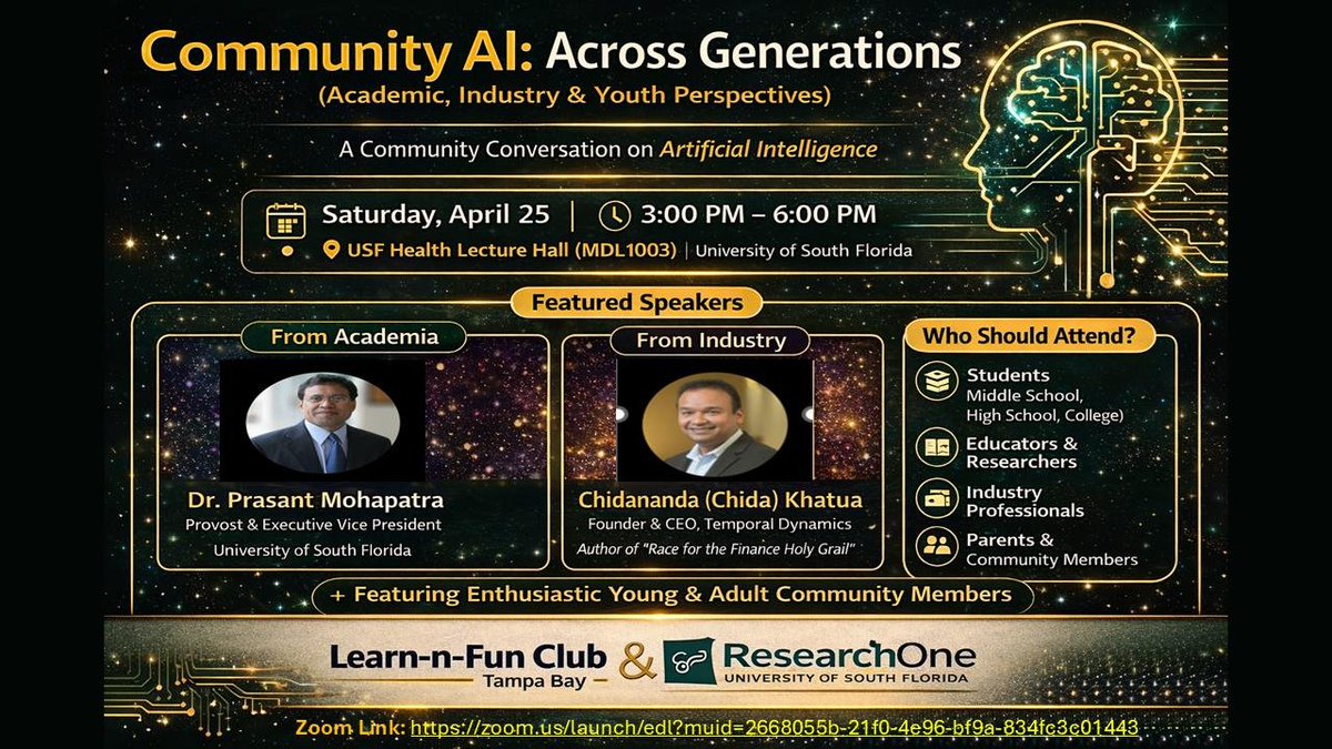 USFResearch's tweet image. Join us April 25 for “Community AI: Across Generations” with USF Provost Prasant Mohapatra and Chidananda Khatua! 📅 3-6 PM, USF Health Lecture Hall. Reserve now: ow.ly/X22150YKoRh #USFResearch #ArtificialIntelligence #FutureOfAI #TampaBay @usouthflorida @usfbellini