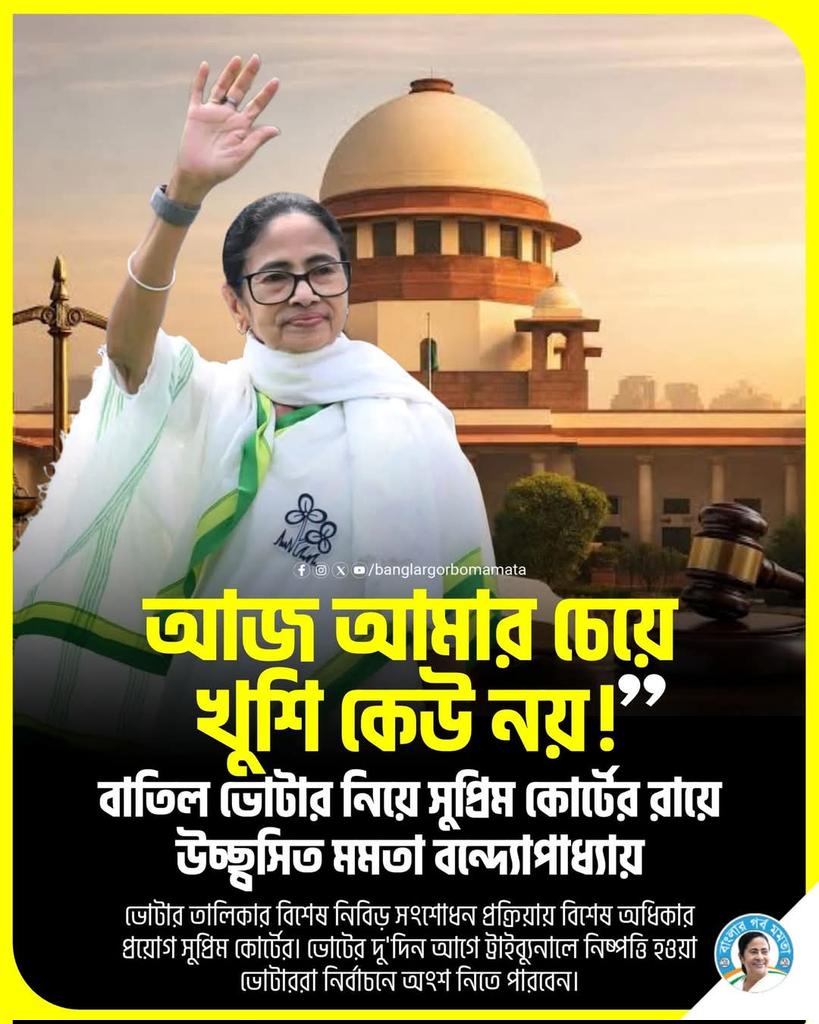 TMC_Supporters's tweet image. ‘আমার মামলায় রায়, মা-মাটি-মানুষের জয়’, ট্রাইব্যুনাল নিয়ে সুপ্রিম নির্দেশের পর প্রতিক্রিয়া মুখ্যমন্ত্রীর.
#MamataBanerjee #SiR #BanglaBirodhiBJP #VoteForTMC #TMCS 

ভোটার তালিকায় বিশেষ নিবিড় সংশোধন প্রক্রিয়ায় বিশেষ অধিকার প্রয়োগ সুপ্রিম কোর্টের। ভোটের দু’দিন আগে