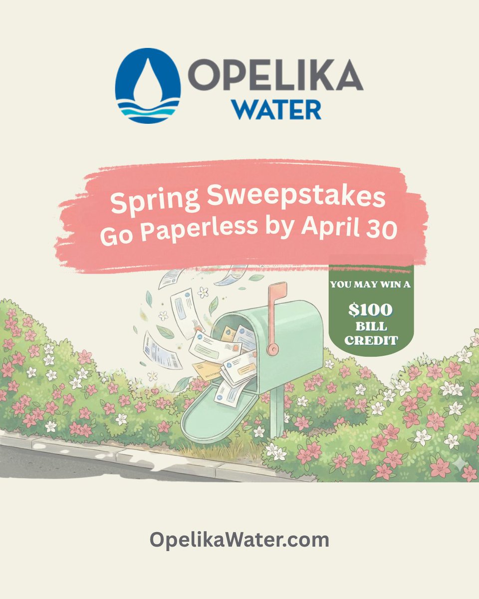 OpelikaWater's tweet image. Less paper. Less clutter. More convenience.
Go paperless by April 30 for a chance to win one of three $100 bill credits from Opelika Water.
bit.ly/43t8VkG
#GoPaperless #PaperlessBilling #OpelikaWater

#GoPaperlessOpelika #CityOfOpelika #OpelikaAL