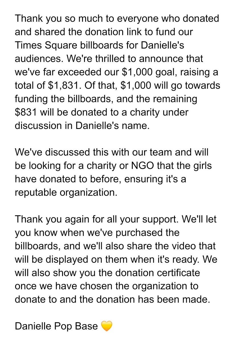 DaniellePopBase's tweet image. Update on our Times Square billboard project:

We're thrilled to announce that we've far exceeded our $1,000 goal to fund the billboards!

Therefore, the GoFundMe link is now closed. You can read the full announcement here 👇 

#다니엘 #DANIELLE