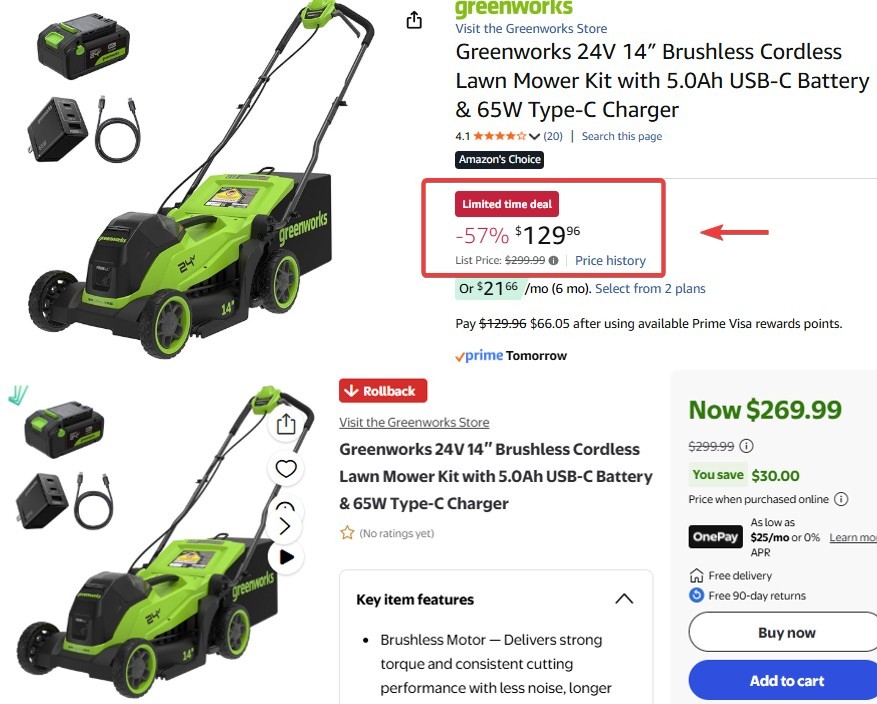 Pricerrors's tweet photo. GREENWORKS LAWNMOWER LOWEST EVER ON AMAZON

Limited time deal at $129 (Retails $300)

Includes 5.0Ah battery & charger/cables.

Walmart is selling the same kit for $269 👀

https://t.co/MwVgXVFJw1 #ad