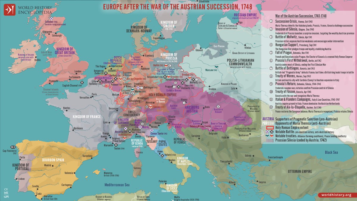 whencyclopedia's tweet image. 🗺️ This #map shows #Europe after The War of the Austrian Succession (1740–1748). The #war was sparked by a dispute over the right of a #woman – Maria Theresa – to succeed to the Austrian throne. She was supported by the Habsburg #monarchy, Great Britain, the Dutch Republic,