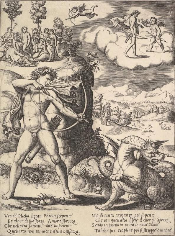Arteymas_'s tweet photo. Apolo mata a la pitón y ofende a cupido

La historia de Apolo y Dafne en las metamorfosis de Ovidio (I.438-567) tuvo lugar justo después de que Apolo matara a la pitón, la gran serpiente que aterrorizó a la humanidad.

Apolo, llamado Febus por Ovidio, atravesó la pitón con 1.000 flechas y fundó los Juegos sagrados de Pitón con el nombre de la serpiente.

El santuario de Delfos, el hogar del famoso oráculo, llamado Pythia, fue construido sobre el cadáver de la pitón.